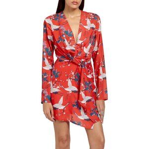 Missguided Print Wrap Dress in Red with White Cranes and Kanji